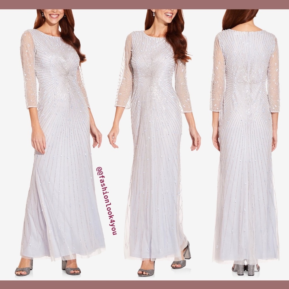 NWT $329 Adrianna Papell Sequin Gown Three Quarter Sleeves Cloud [ SZ 8‎ ]